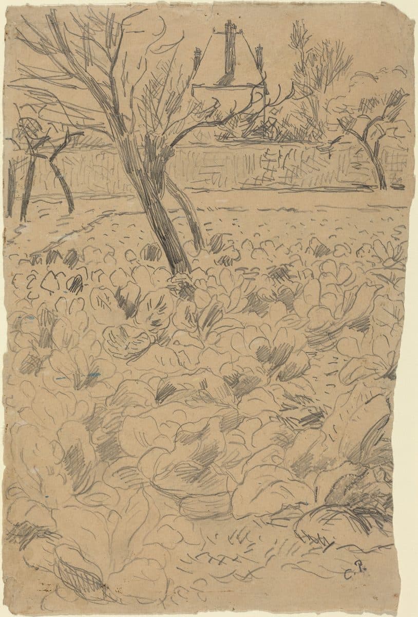 a) The Cabbage Field (Le Champ de choux); b) The Cabbage Field (Le Champ de choux) by Camille Pissarro
