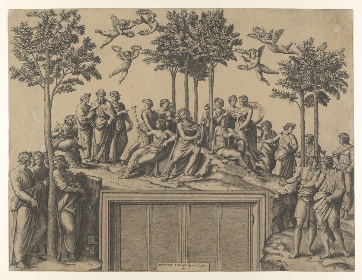 Apollo sitting on Parnassus surrounded by the muses and famous poets by Marcantonio Raimondi