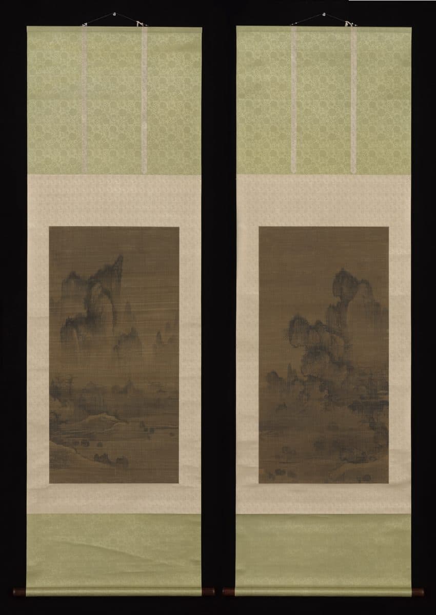 Evening bell from mist-shrouded temple (left); Autumn moon over Lake Dongting (right) by An Gyeon