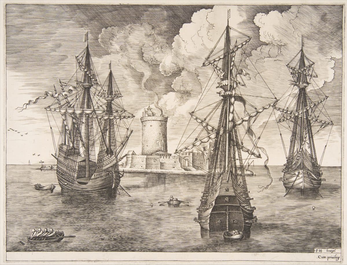Four-master and Two Three-masters Anchored near a Fortified Island, from "The Sailing Vessels" by Pieter Bruegel the Elder
