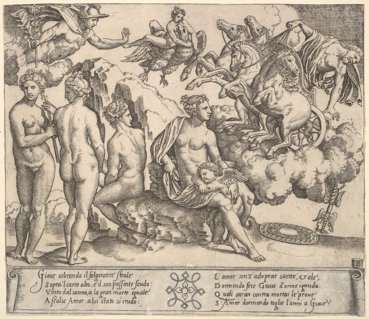 Jupiter tumbling from a horse-drawn carriage at right, Ganymede riding Jupiter's eagle upper center, below Venus and to her right, the three Graces by Master of the Die