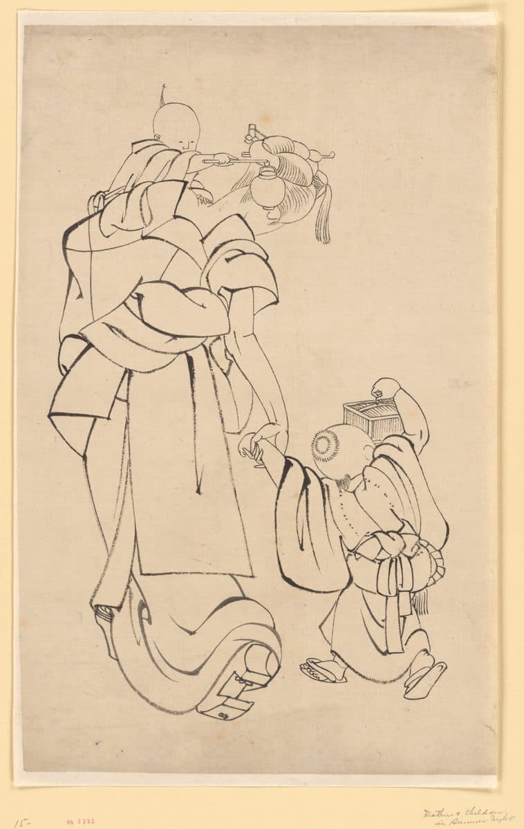 Mother and Children in Summer Night by Katsushika Hokusai