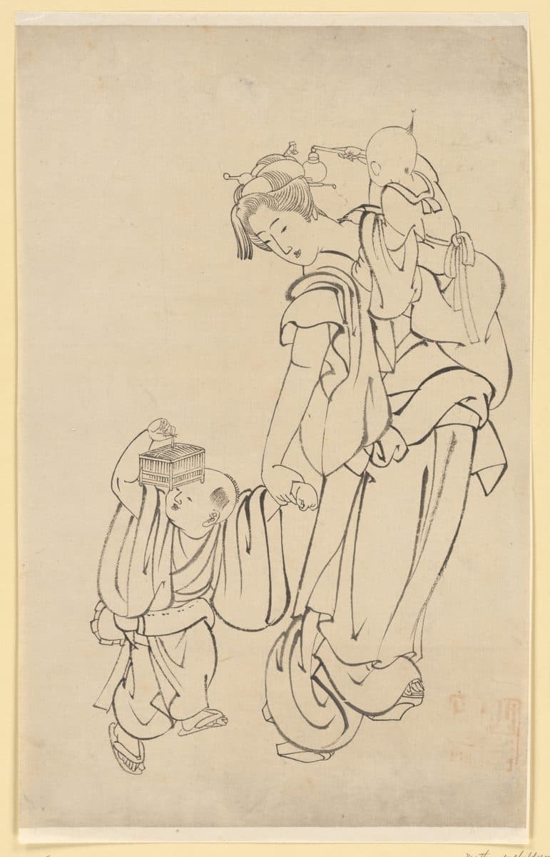 Mother and Children in Summer Night by Katsushika Hokusai