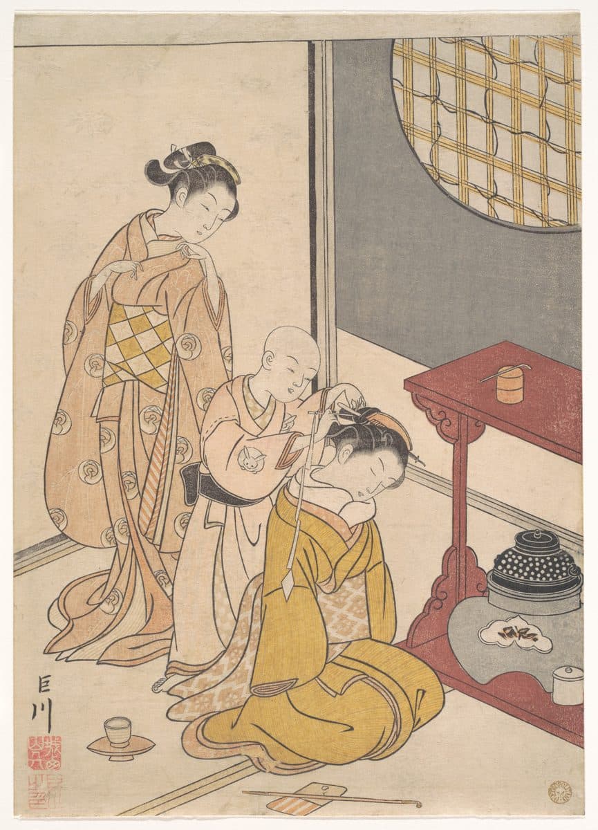 Night Rain at the Double-Shelf Stand, from the series Eight Parlor Views (Zashiki hakkei) by Suzuki Harunobu