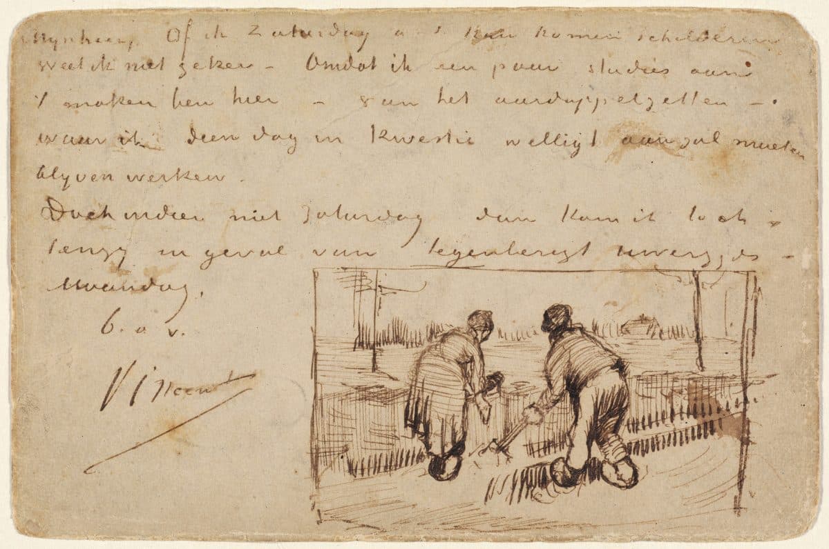 Postcard with Two Peasants Digging by Vincent van Gogh