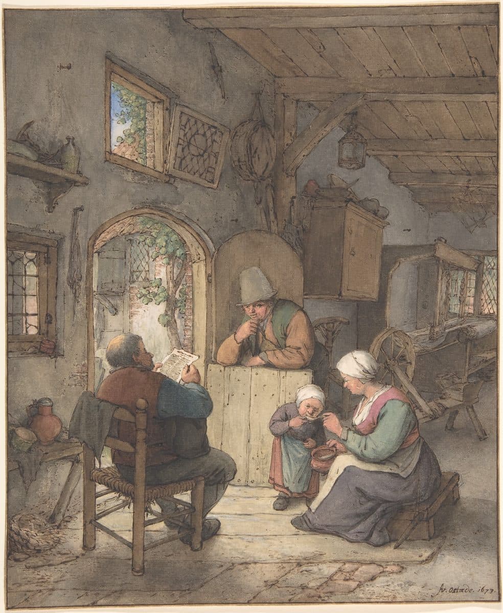 Reading the News at the Weavers' Cottage by Adriaen van Ostade