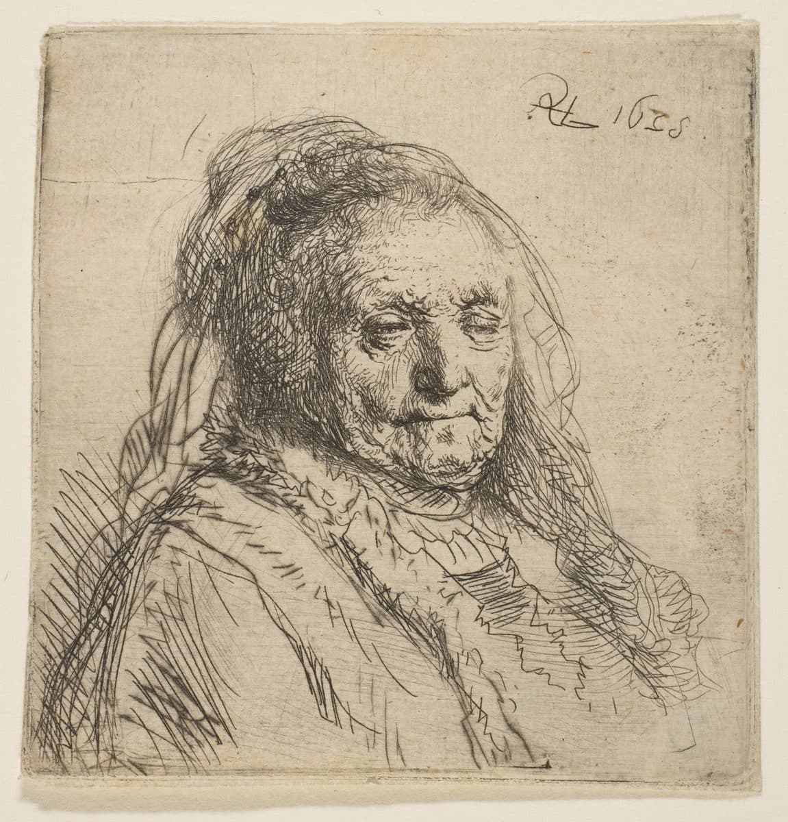The Artist's Mother: Head and Bust, Three-Quarters Right by Rembrandt (Rembrandt van Rijn)