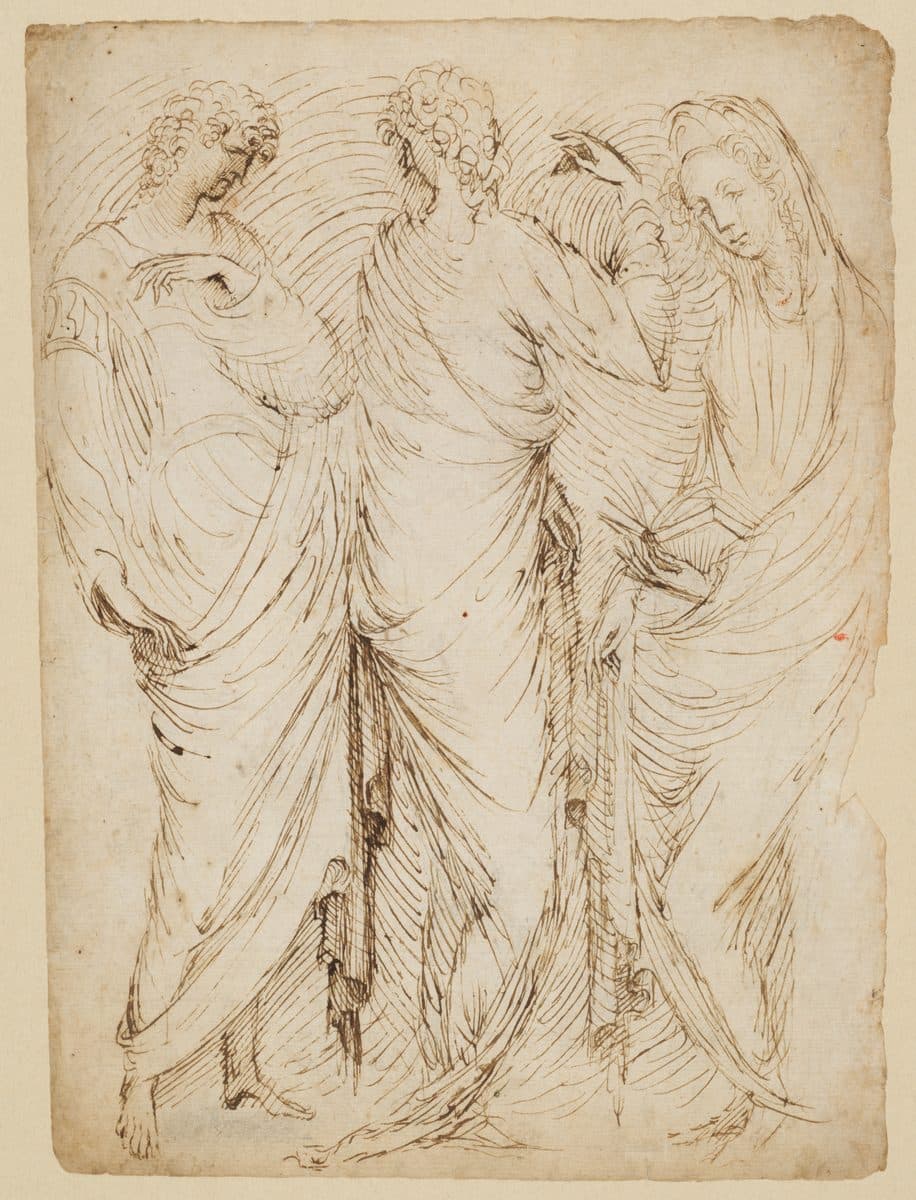 Three Standing Figures (recto); Seated Woman and a Male Hermit in Half-length (verso) by Stefano da Verona (Stefano di Giovanni d'Arbosio di Francia)
