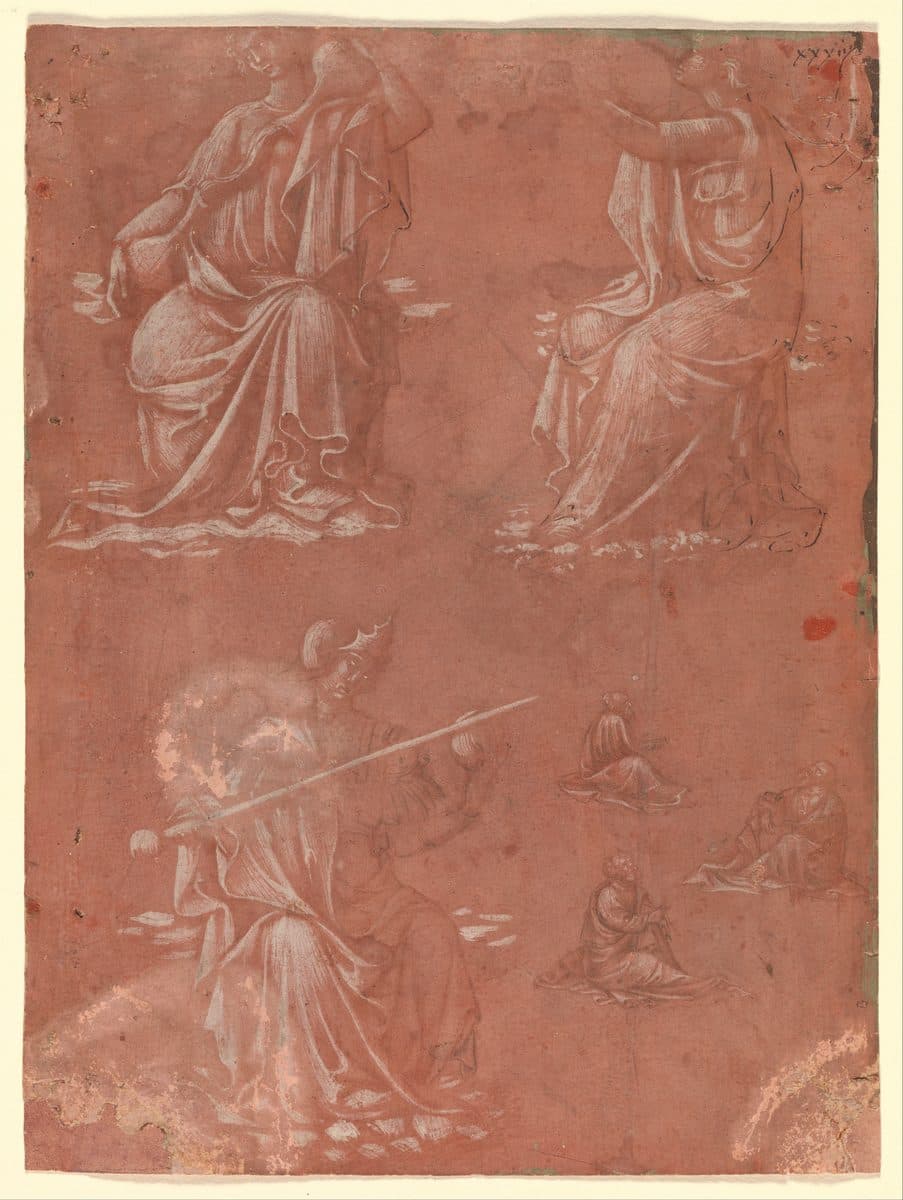 Three Virtues (Temperance, Hope, and Fortitude or Justice) and Studies of a Seated Man by Lorenzo Monaco (Piero di Giovanni)