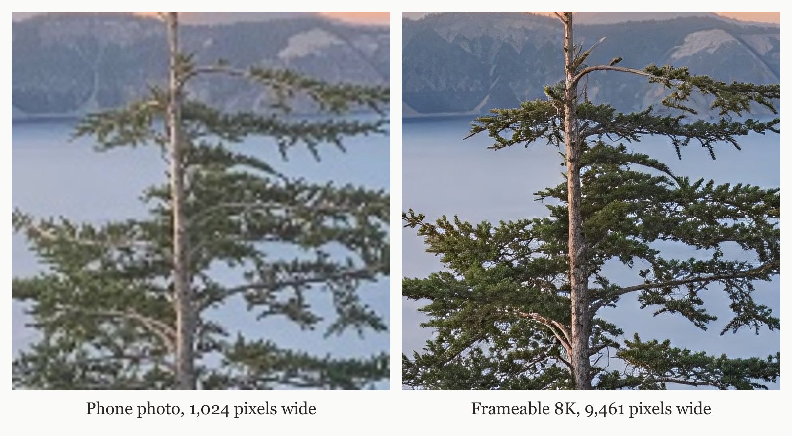 Phone photo next to the same photo after Frameable's 8K upscale