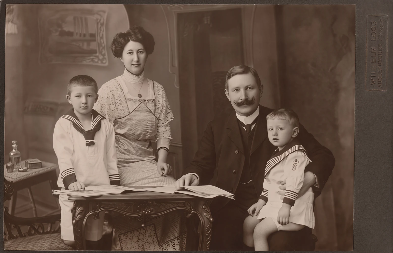 An archival studio photograph of two adults and two children gathered around a table, shown in a digital frame preview